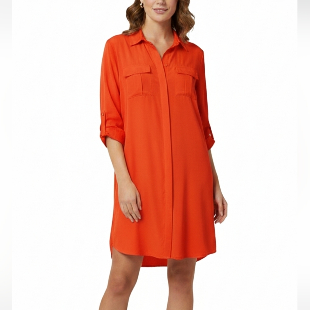 Orange Button-Down Shirt Dress Size 14 Fall Office Siren Coastal Casual Oversize